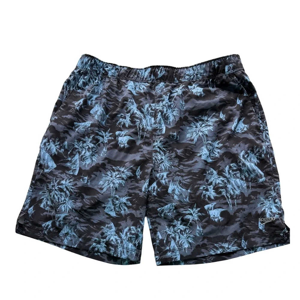 Speedo Mens Tropical Palm‎ Print Swim Trunks Large Blue Black Board Shorts Beach
